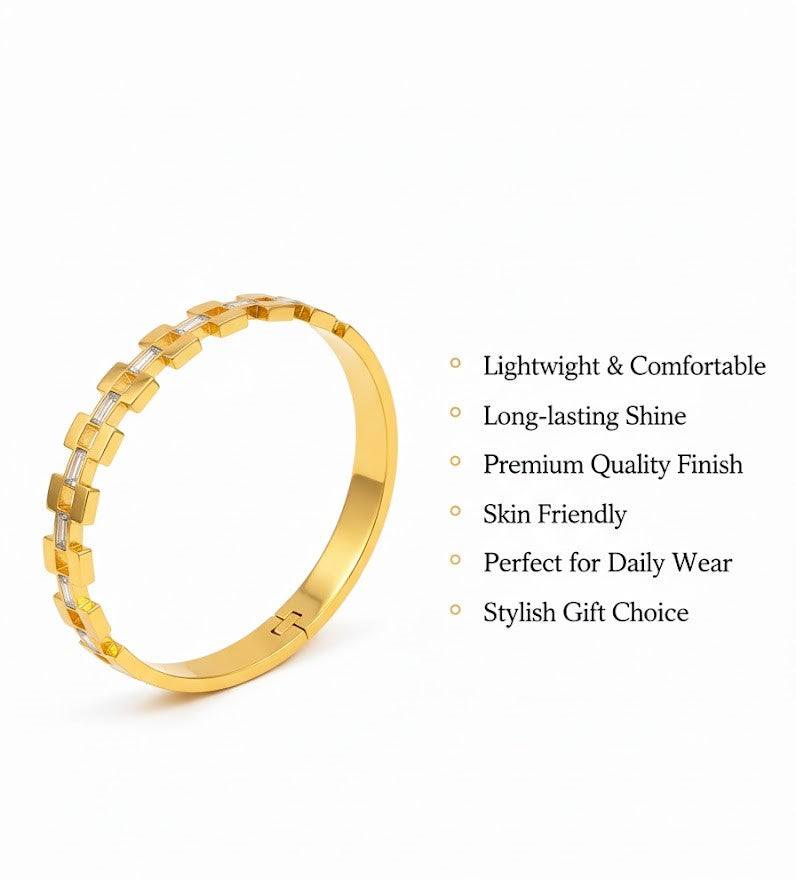 Elegant Geometric Gold-Plated Bangle Bracelet with Baguette Crystals – Fine Jewelry Collection