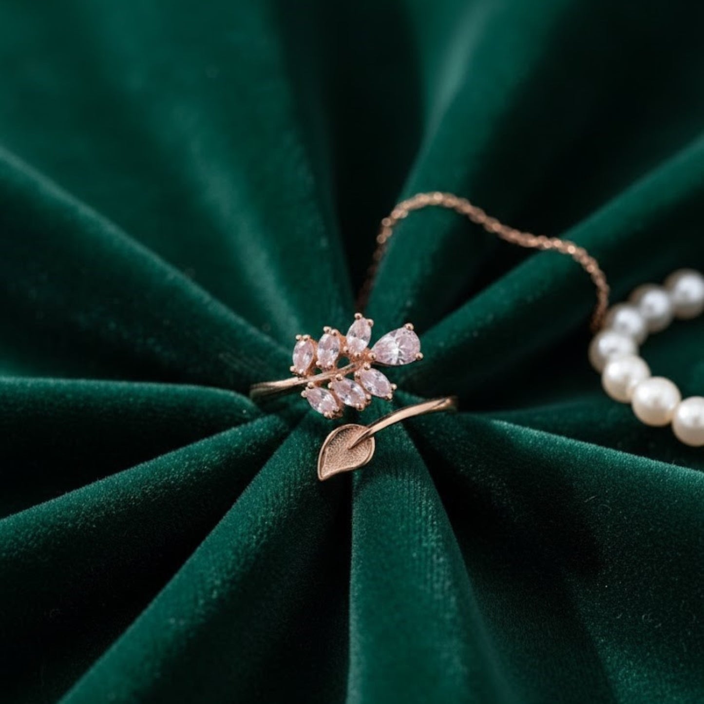 Elegant Rose Gold Leaf & Floral Fine Jewelry Ring with Pink Zirconia Crystals