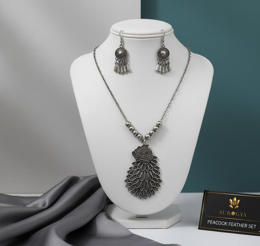 Surogya Oxidized Silver Peacock Feather Necklace & Earrings Set