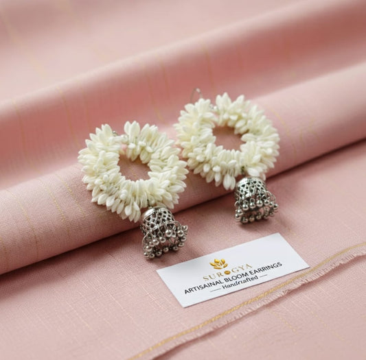 Surogya Handcrafted Floral Wreath Jhumka Earrings – White Bloom Edition