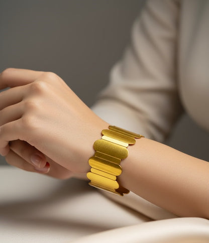 Gold Plated Scalloped Edge Cuff Bracelet - Minimalist Bold Statement Bangle