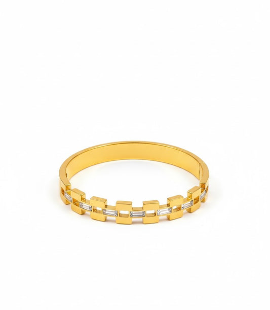 Elegant Geometric Gold-Plated Bangle Bracelet with Baguette Crystals – Fine Jewelry Collection