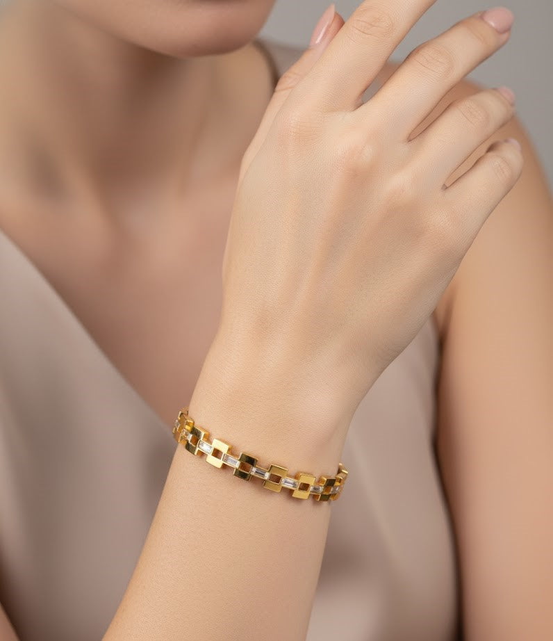 Elegant Geometric Gold-Plated Bangle Bracelet with Baguette Crystals – Fine Jewelry Collection