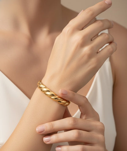 Gold Plated Twisted Rope Bangle Bracelet | Elegant Minimalist Statement Jewelry for Women