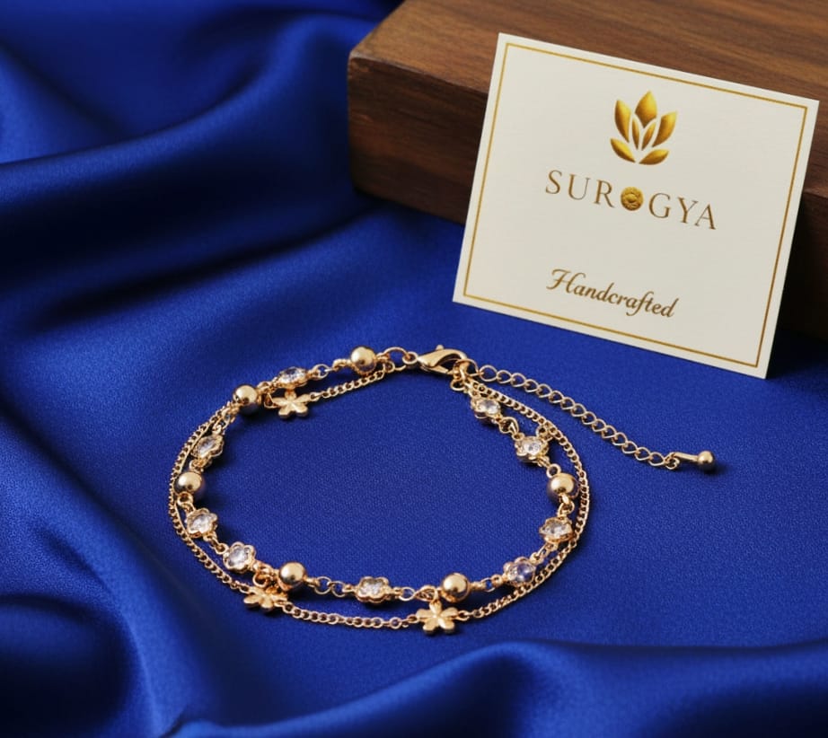 Handcrafted Double-Layer Gold-Plated Bracelet with Floral Accents and Crystal Charms