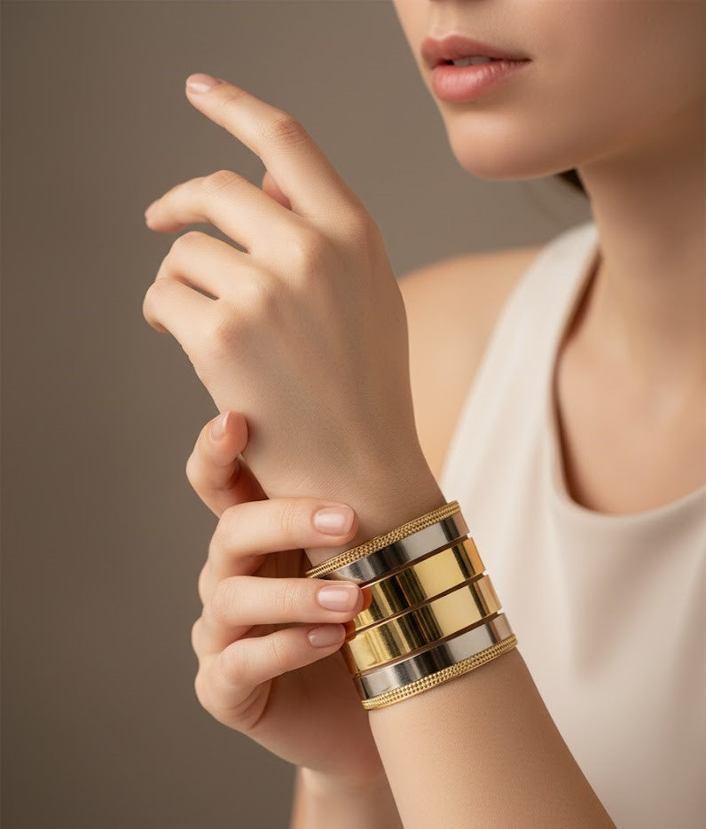 Luxury Dual-Tone Stacked Cuff Bracelet – Gold and Silver Tone Fine Jewelry for Women