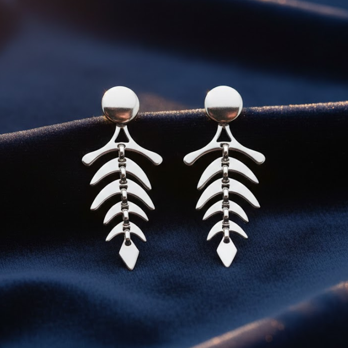 Modern Silver-Toned Fishbone Inspired Geometric Drop Earrings