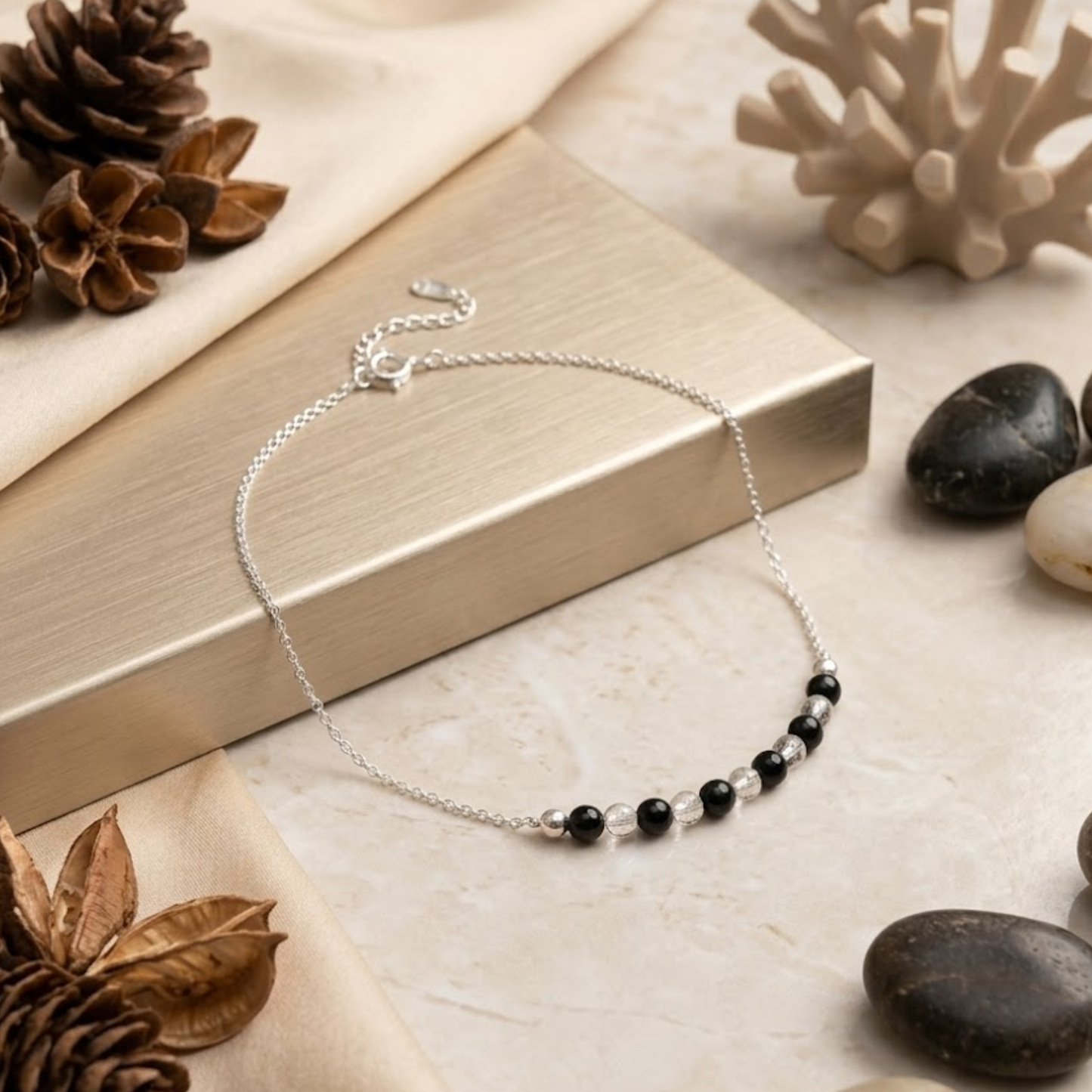 Minimalist Sterling Silver Beaded Anklet – Black Onyx & Clear Quartz Accents