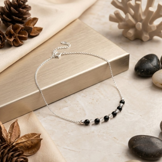 Minimalist Sterling Silver Beaded Anklet – Black Onyx & Clear Quartz Accents
