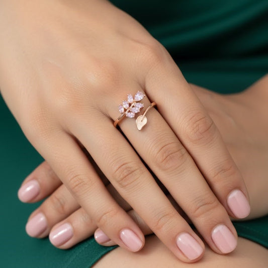 Elegant Rose Gold Leaf & Floral Fine Jewelry Ring with Pink Zirconia Crystals