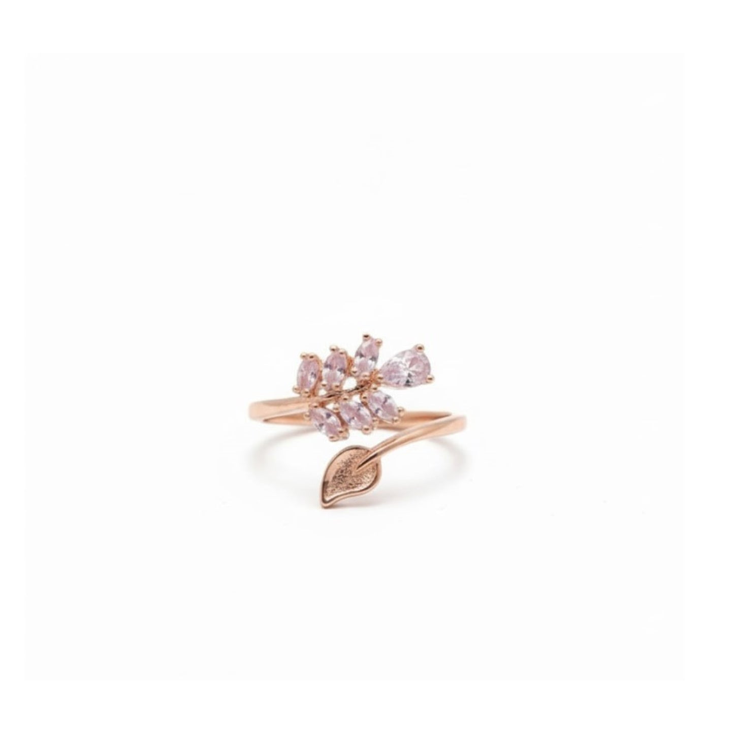 Rose Gold Leaf & Blossom Adjustable Ring | Nature-Inspired Crystal Ring