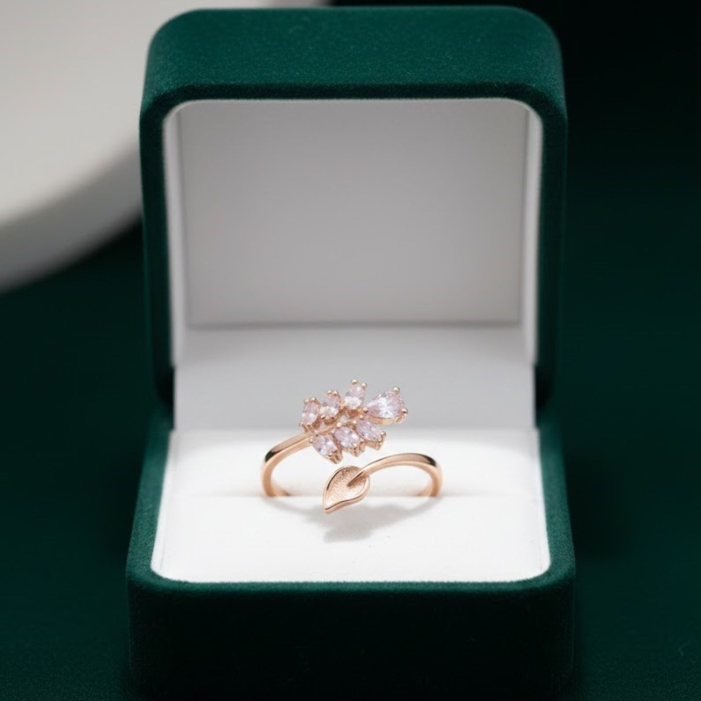 Rose Gold Leaf & Blossom Adjustable Ring | Nature-Inspired Crystal Ring