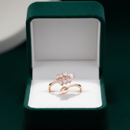 Elegant Rose Gold Leaf & Floral Fine Jewelry Ring with Pink Zirconia Crystals
