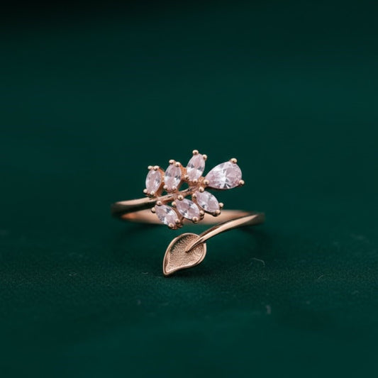 Rose Gold Nature-Inspired Leaf Bypass Ring with Marquise Crystals
