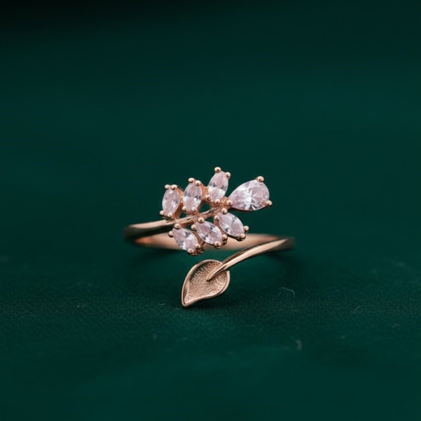 Rose Gold Leaf & Blossom Adjustable Ring | Nature-Inspired Crystal Ring