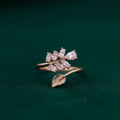 Rose Gold Leaf & Blossom Adjustable Ring | Nature-Inspired Crystal Ring