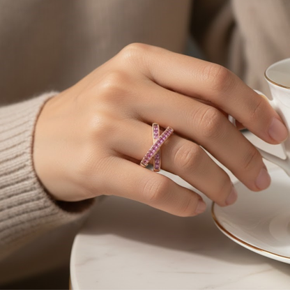 Luxury Rose Gold Intertwined ‘X’ Fine Jewelry Ring with Pink Stones