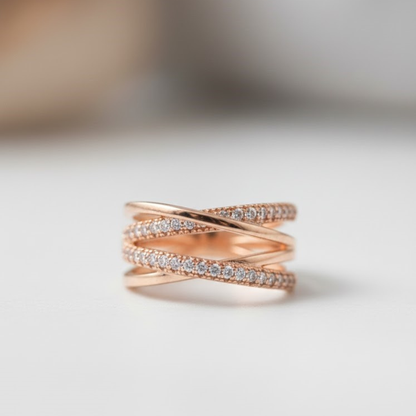 Elegant Rose Gold Intertwined Criss-Cross Fine Jewelry Ring with Sparkling Zirconia