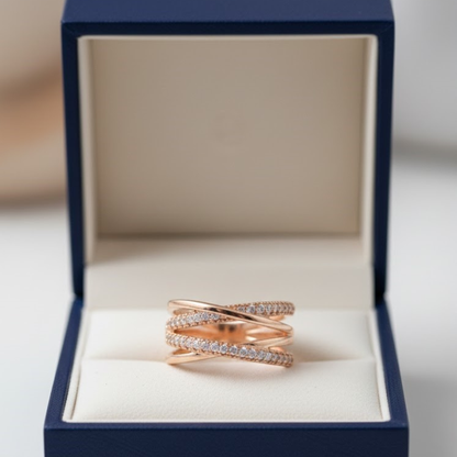 Elegant Rose Gold Intertwined Criss-Cross Fine Jewelry Ring with Sparkling Zirconia