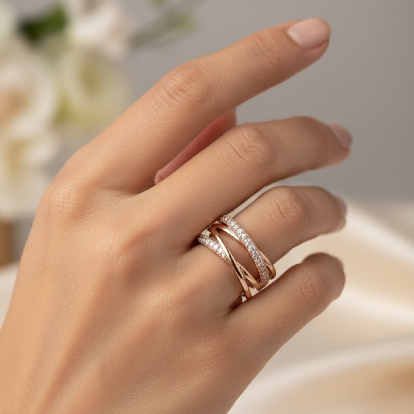 Elegant Rose Gold Intertwined Criss-Cross Fine Jewelry Ring with Sparkling Zirconia