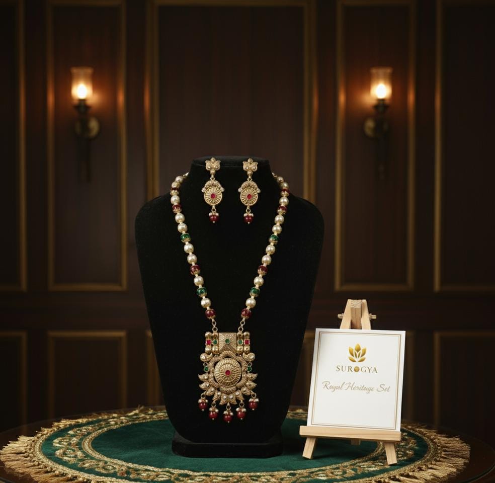 Surogya Royal Heritage Set – Handcrafted Gold-Plated Long Necklace with Matching Earrings