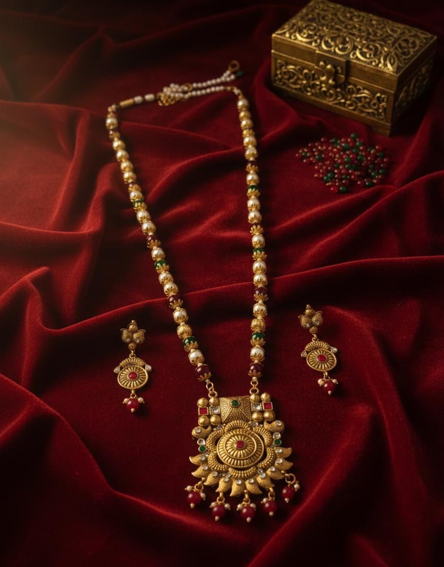 Antique Gold-Plated Long Haram Necklace Set with Pearl Beading and Kundan Accents